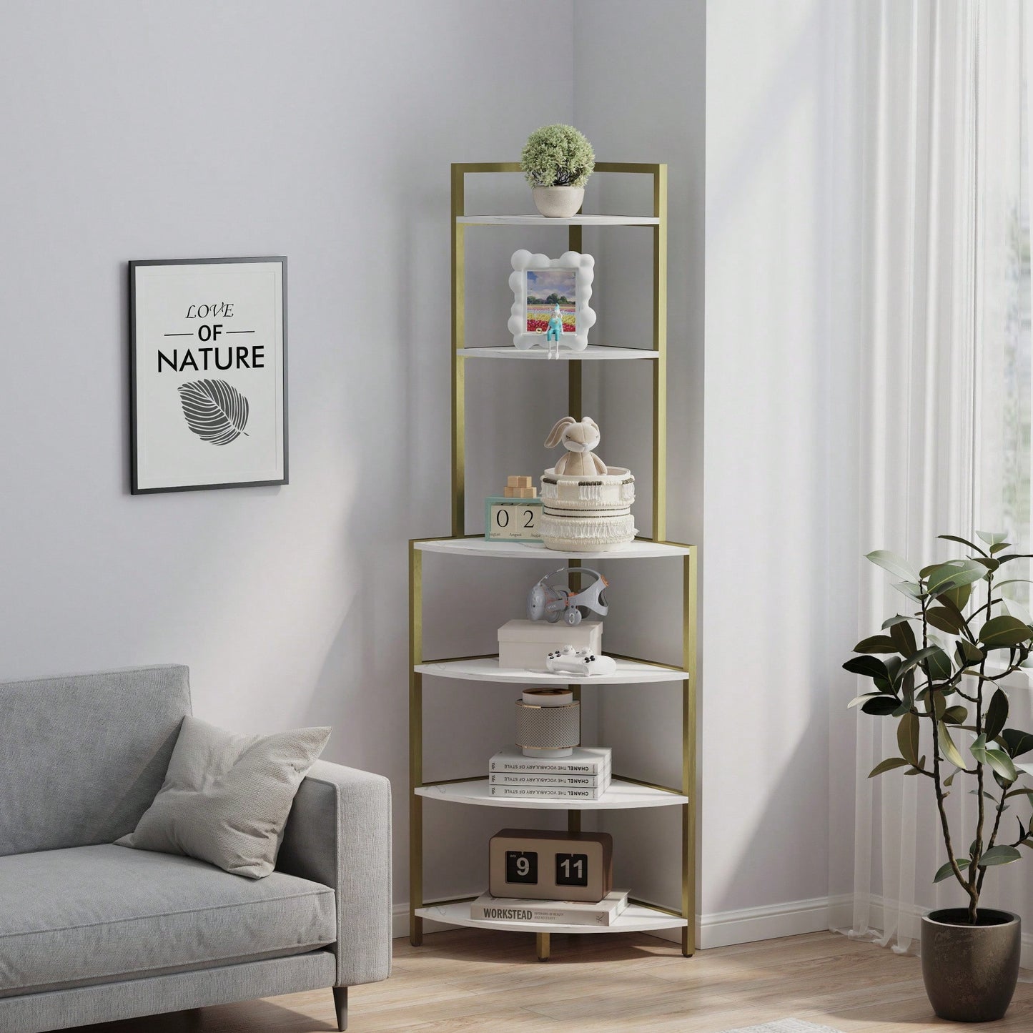 Rustic Brown 6-Tier Corner Open Shelf Bookcase Space-Saving Freestanding Unit for Plants Albums Decor Living Room Home Office Kitchen