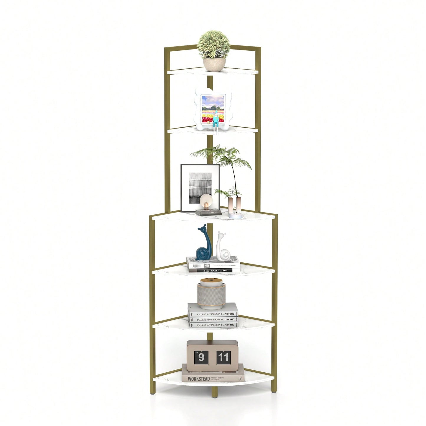 Rustic Brown 6-Tier Corner Open Shelf Bookcase Space-Saving Freestanding Unit for Plants Albums Decor Living Room Home Office Kitchen