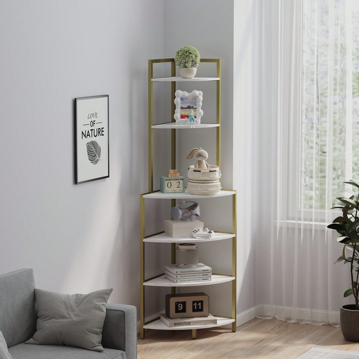 Rustic Brown 6-Tier Corner Open Shelf Bookcase Space-Saving Freestanding Unit for Plants Albums Decor Living Room Home Office Kitchen