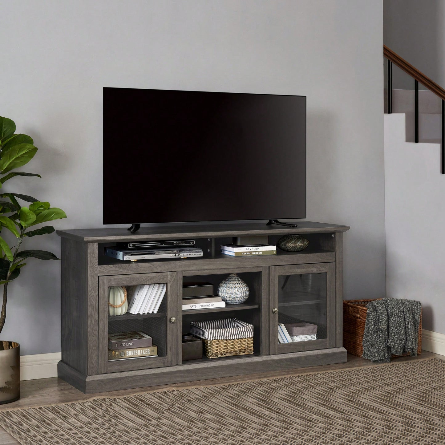 Sleek Modern TV Stand For Up To 65" TVs With Versatile Open And Closed Storage, Dark Walnut/Black Finish, 60"W X 15.75"D X 29"H