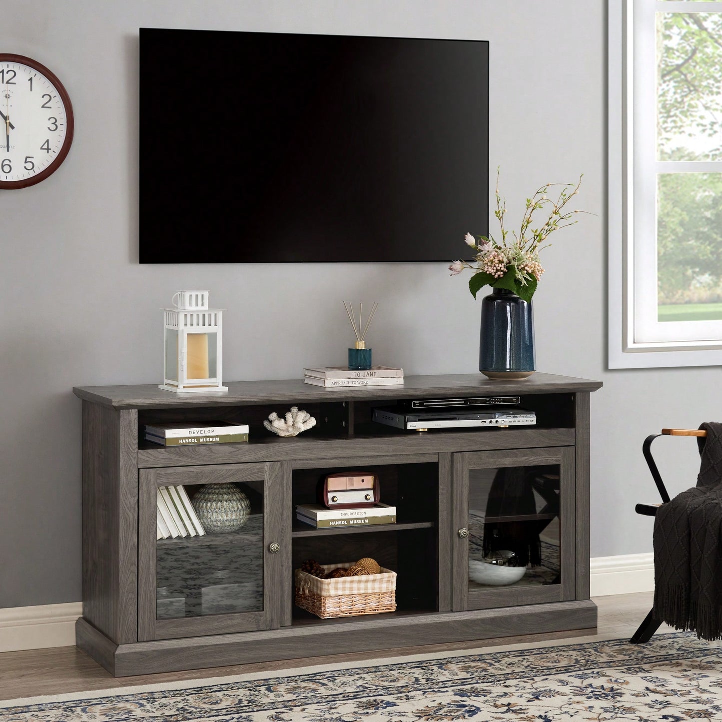 Sleek Modern TV Stand For Up To 65" TVs With Versatile Open And Closed Storage, Dark Walnut/Black Finish, 60"W X 15.75"D X 29"H