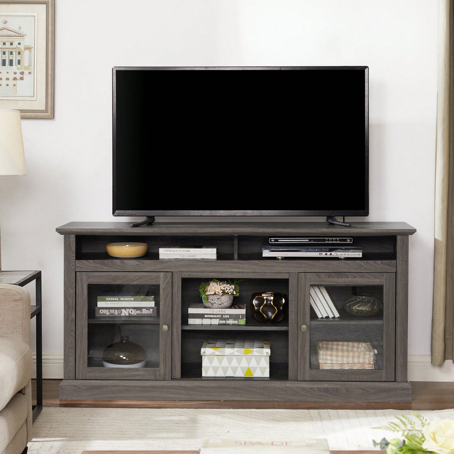 Sleek Modern TV Stand For Up To 65" TVs With Versatile Open And Closed Storage, Dark Walnut/Black Finish, 60"W X 15.75"D X 29"H