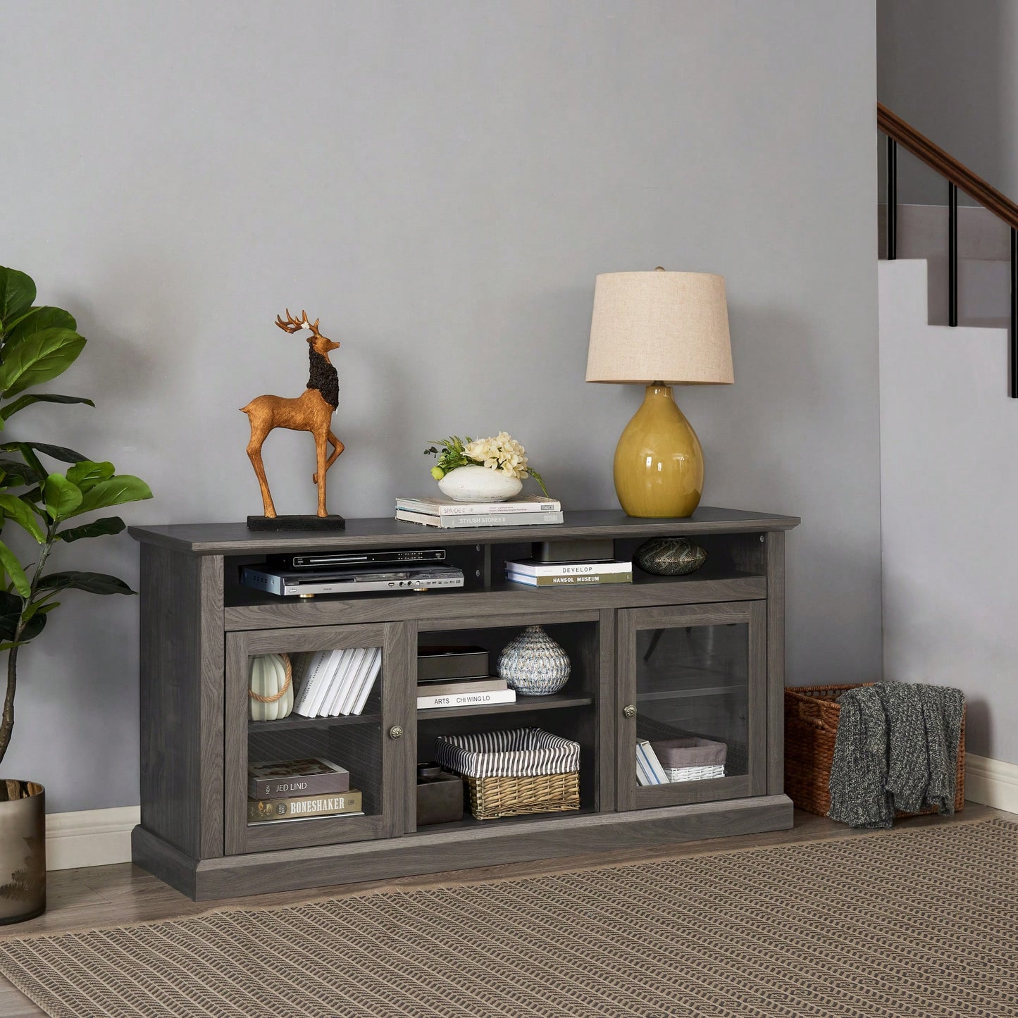 Sleek Modern TV Stand For Up To 65" TVs With Versatile Open And Closed Storage, Dark Walnut/Black Finish, 60"W X 15.75"D X 29"H