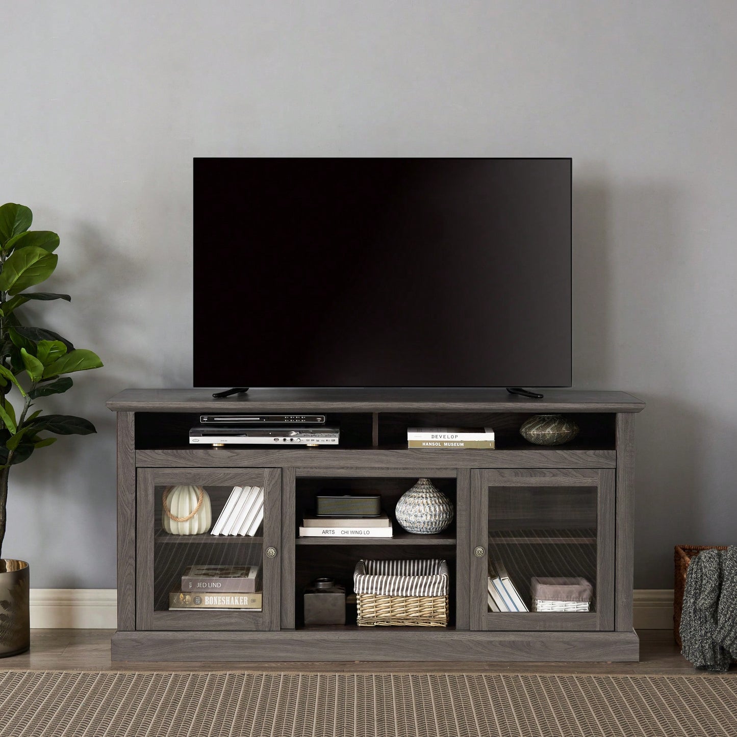 Sleek Modern TV Stand For Up To 65" TVs With Versatile Open And Closed Storage, Dark Walnut/Black Finish, 60"W X 15.75"D X 29"H