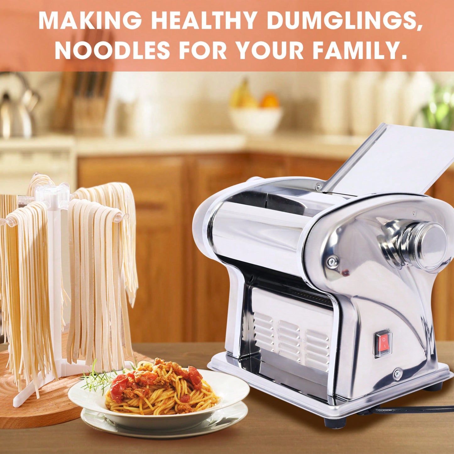 Adjustable Electric Pasta Maker - Stainless Steel Noodle Machine With 2 Blades For Round & Flat Noodles - 110V, 135W Dough Roller Cutter