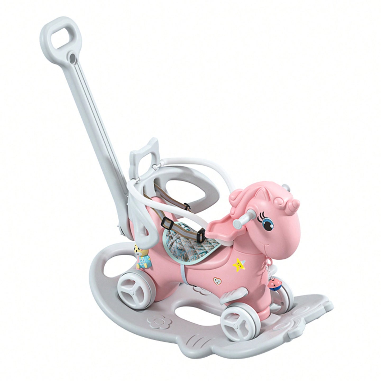Pink Unicorn Rocking Horse For Toddlers - Balance Bike Ride-On With Push Handle, Backrest, And Balance Board For Boys And Girls
