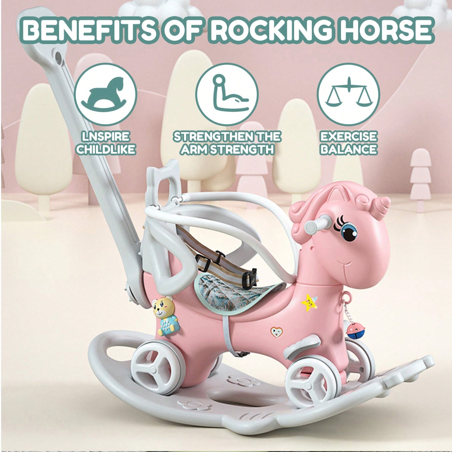 Pink Unicorn Rocking Horse For Toddlers - Balance Bike Ride-On With Push Handle, Backrest, And Balance Board For Boys And Girls