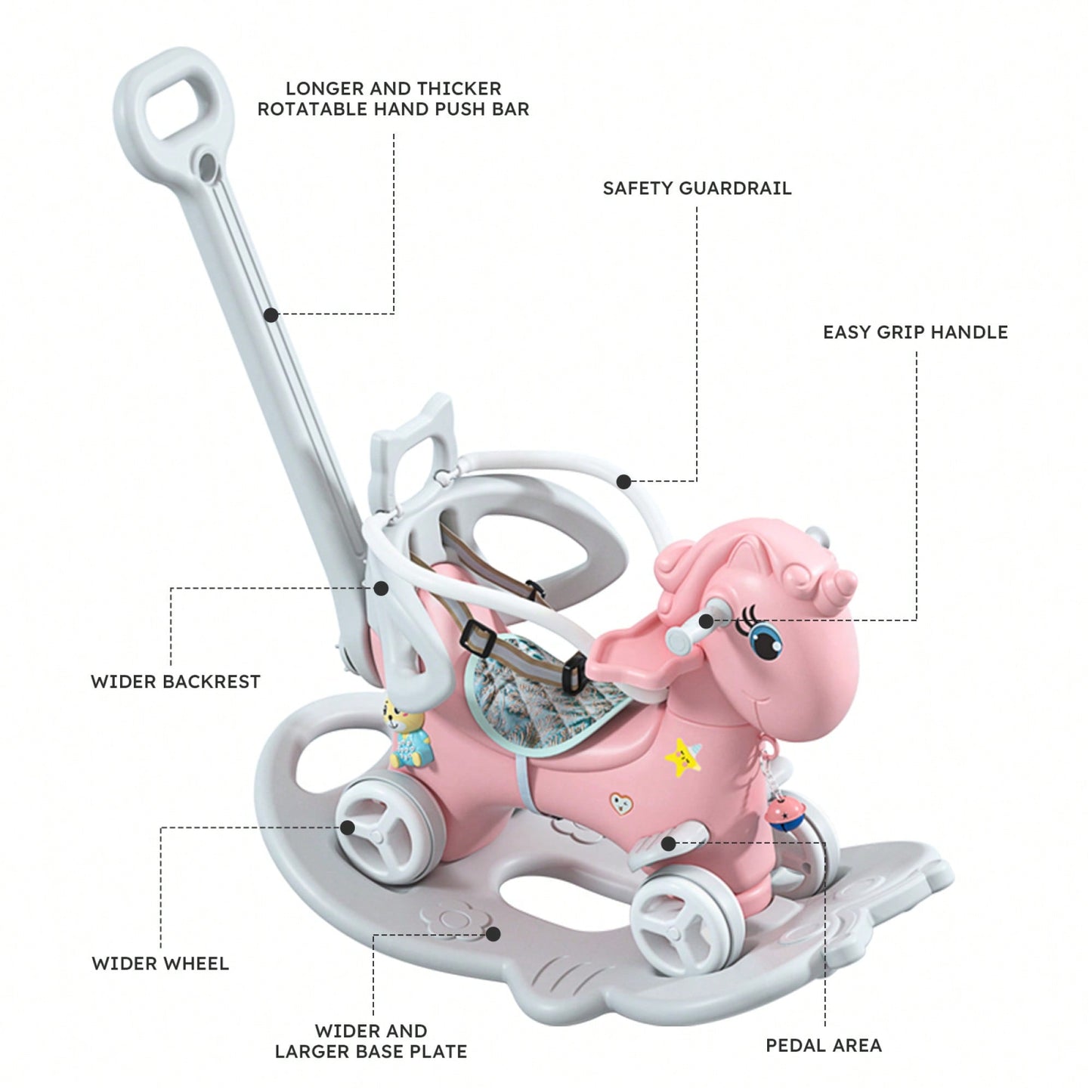 Pink Unicorn Rocking Horse For Toddlers - Balance Bike Ride-On With Push Handle, Backrest, And Balance Board For Boys And Girls