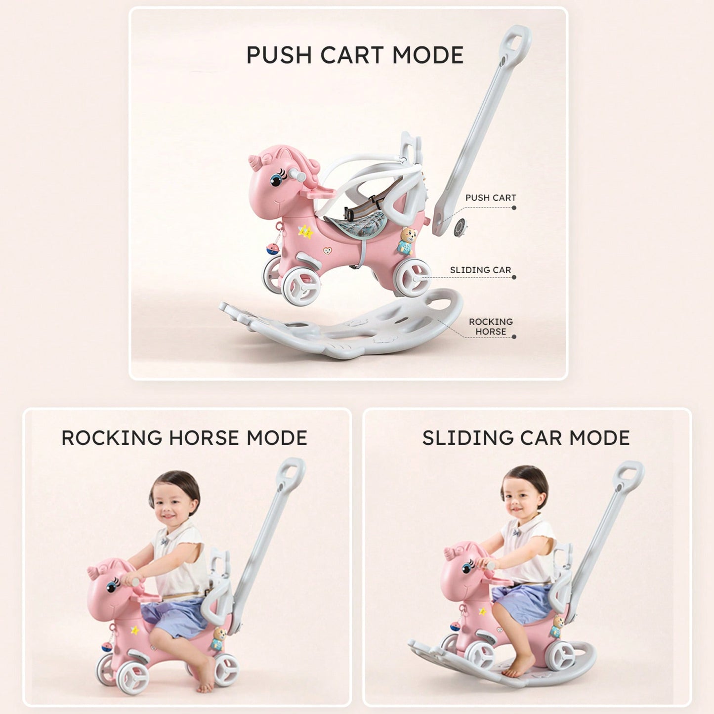 Pink Unicorn Rocking Horse For Toddlers - Balance Bike Ride-On With Push Handle, Backrest, And Balance Board For Boys And Girls