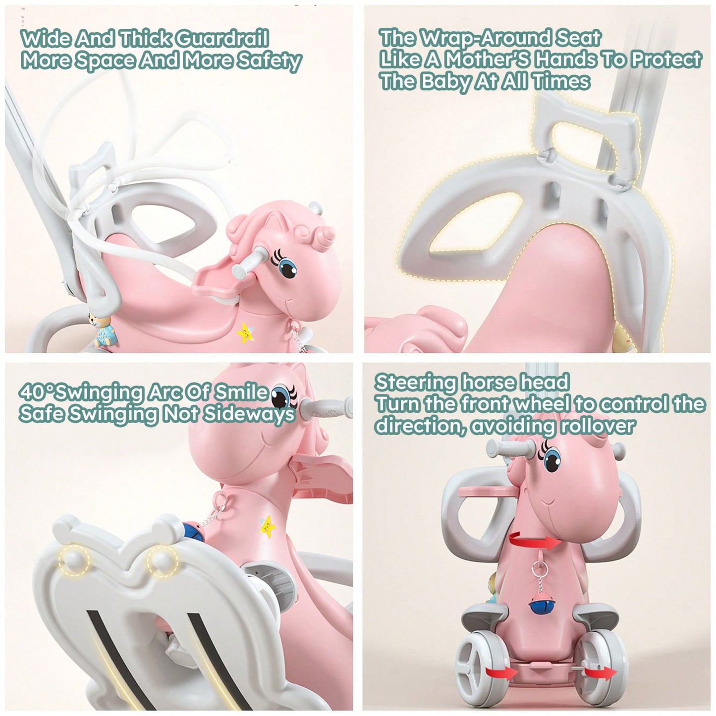 Pink Unicorn Rocking Horse For Toddlers - Balance Bike Ride-On With Push Handle, Backrest, And Balance Board For Boys And Girls