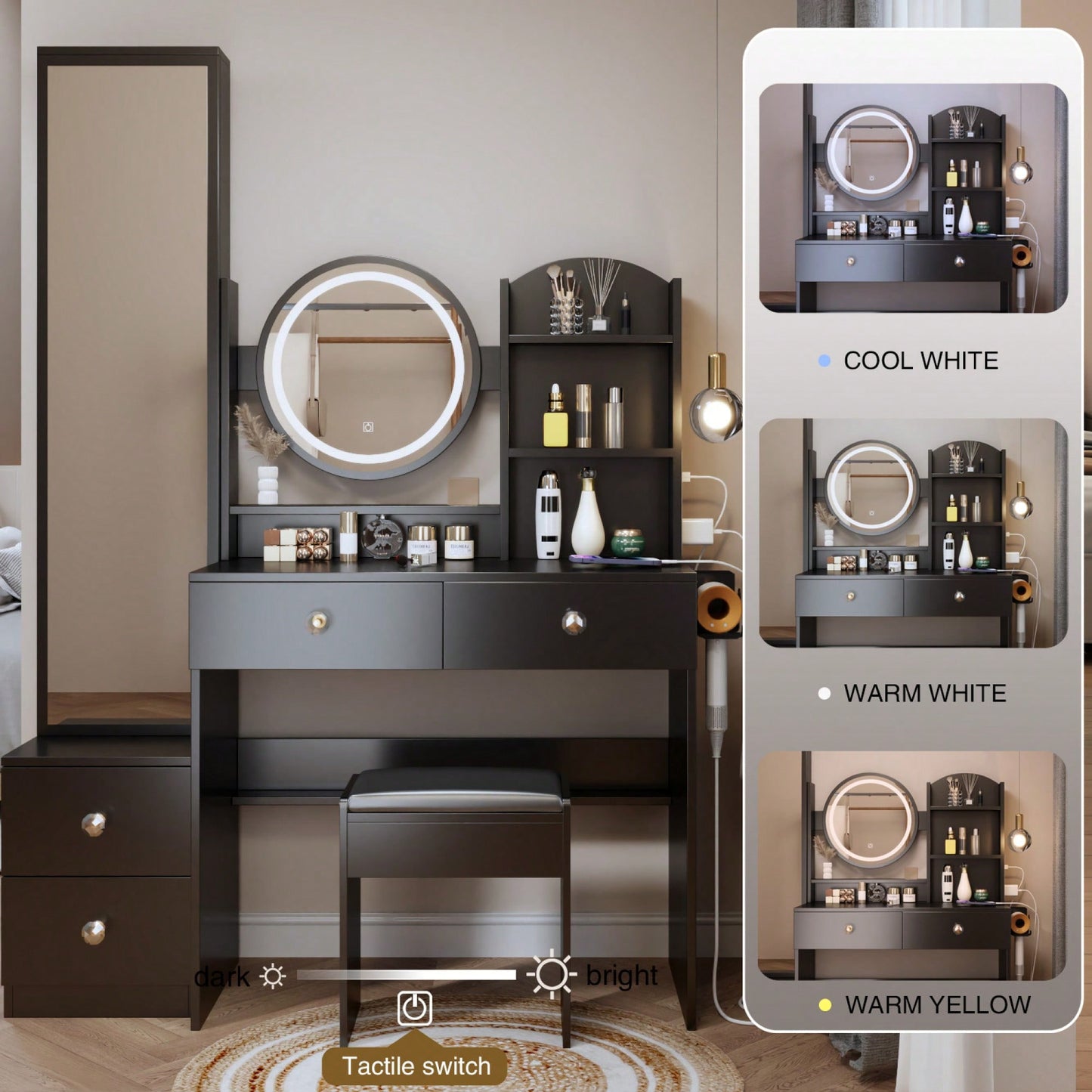 Complete Vanity Set with LED Round Mirror and Cushioned Stool Dual AC USB Power Stations Touch Control 17 Inch 3 Color Brightness