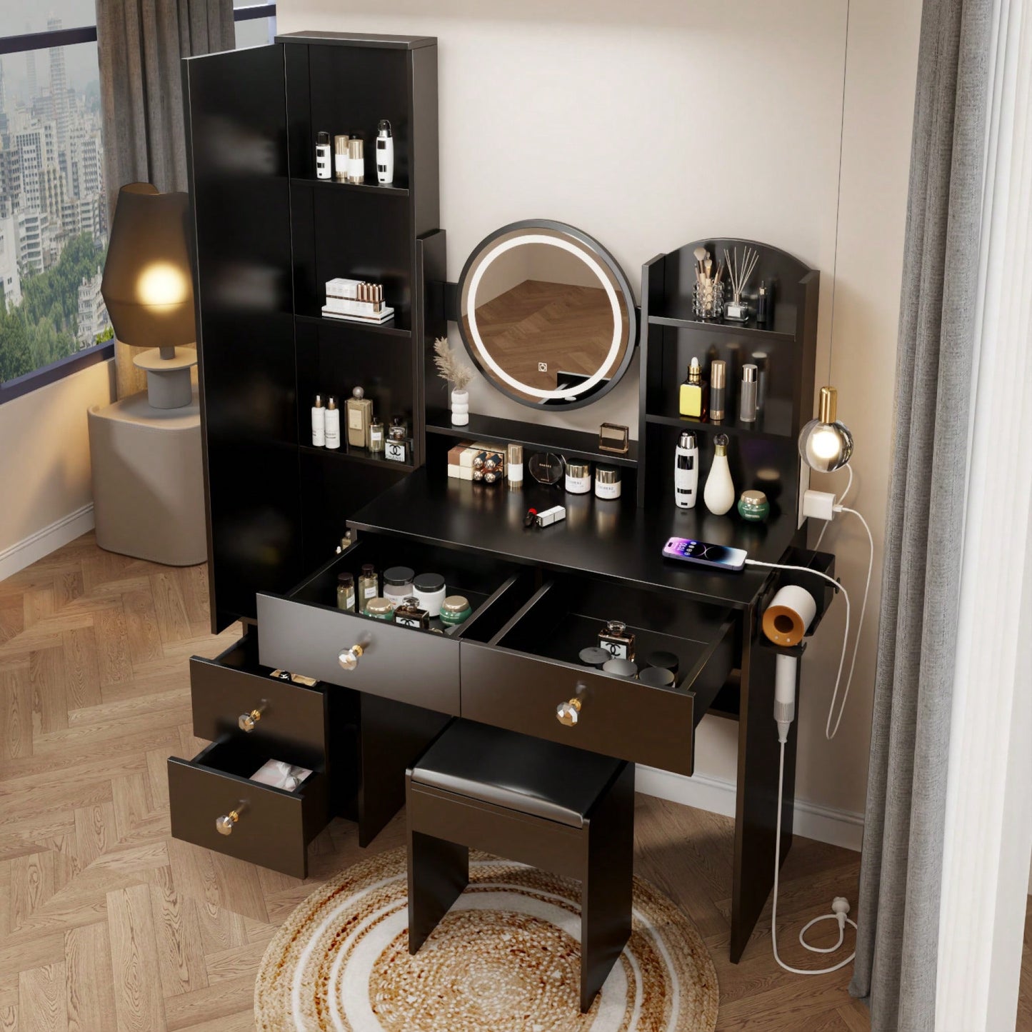 Complete Vanity Set with LED Round Mirror and Cushioned Stool Dual AC USB Power Stations Touch Control 17 Inch 3 Color Brightness