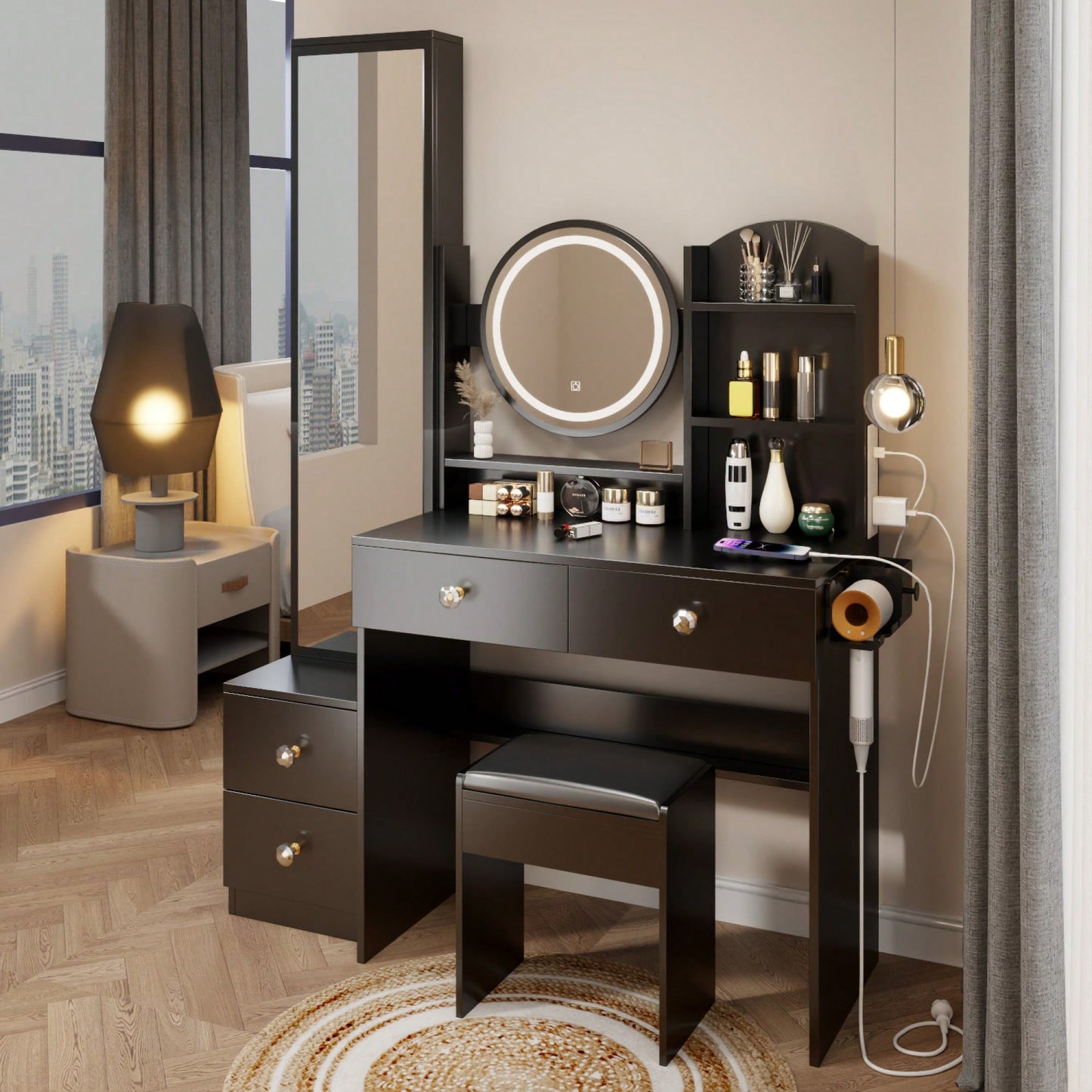 Complete Vanity Set with LED Round Mirror and Cushioned Stool Dual AC USB Power Stations Touch Control 17 Inch 3 Color Brightness