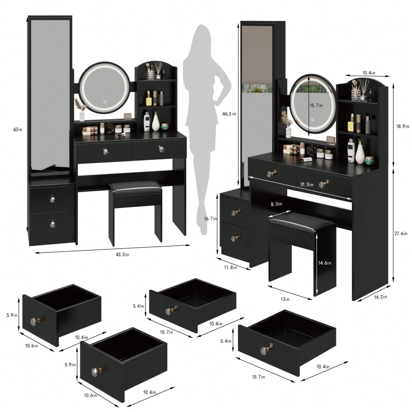 Complete Vanity Set with LED Round Mirror and Cushioned Stool Dual AC USB Power Stations Touch Control 17 Inch 3 Color Brightness