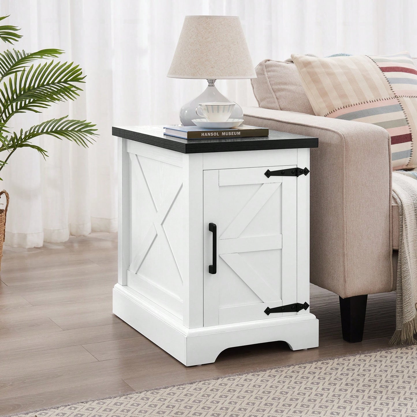 Farmhouse Style Rustic Rectangular Nightstand with Barn Door and Adjustable Shelf White Finish for Living Room and Bedroom
