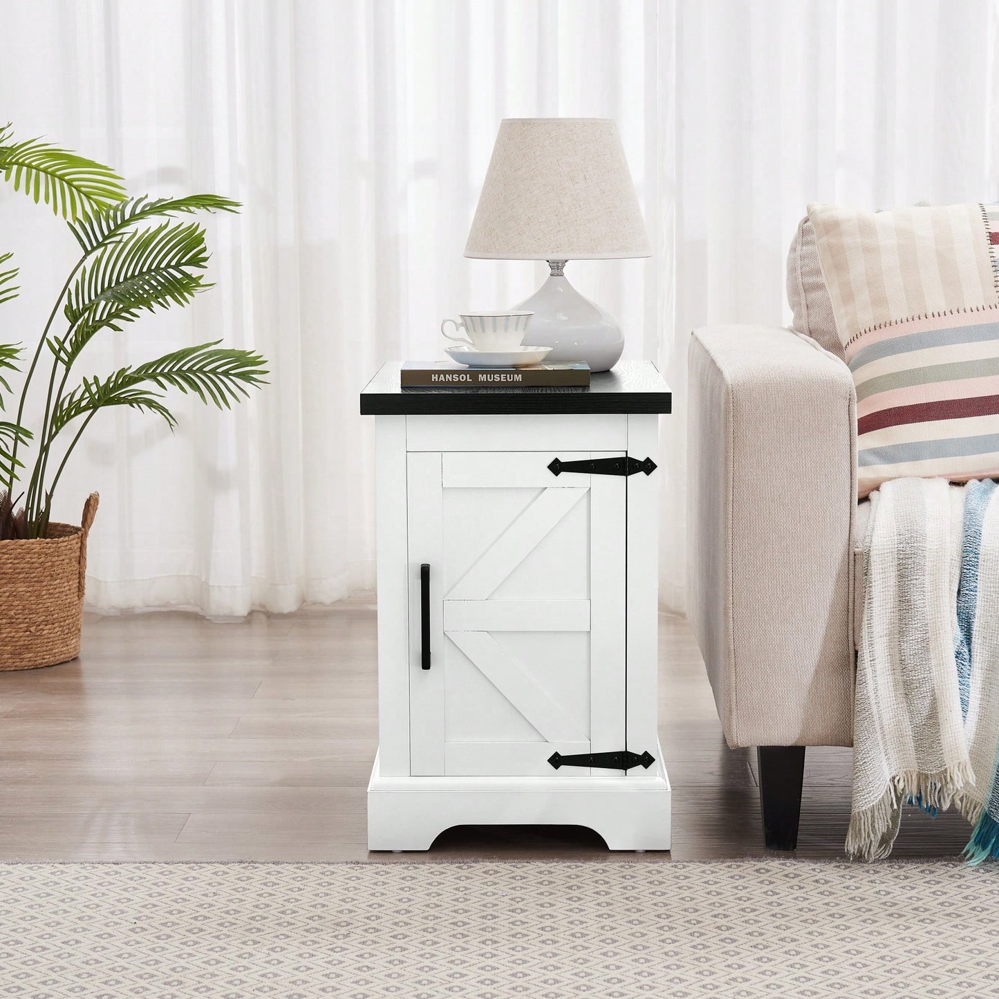 Farmhouse Style Rustic Rectangular Nightstand with Barn Door and Adjustable Shelf White Finish for Living Room and Bedroom