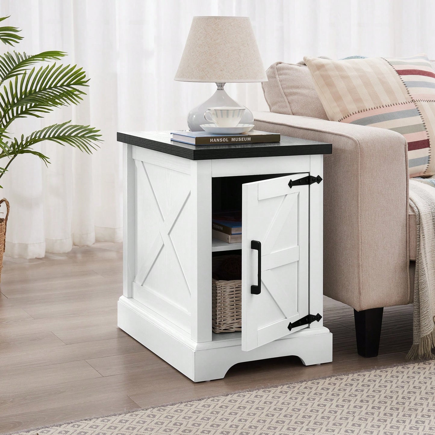 Farmhouse Style Rustic Rectangular Nightstand with Barn Door and Adjustable Shelf White Finish for Living Room and Bedroom