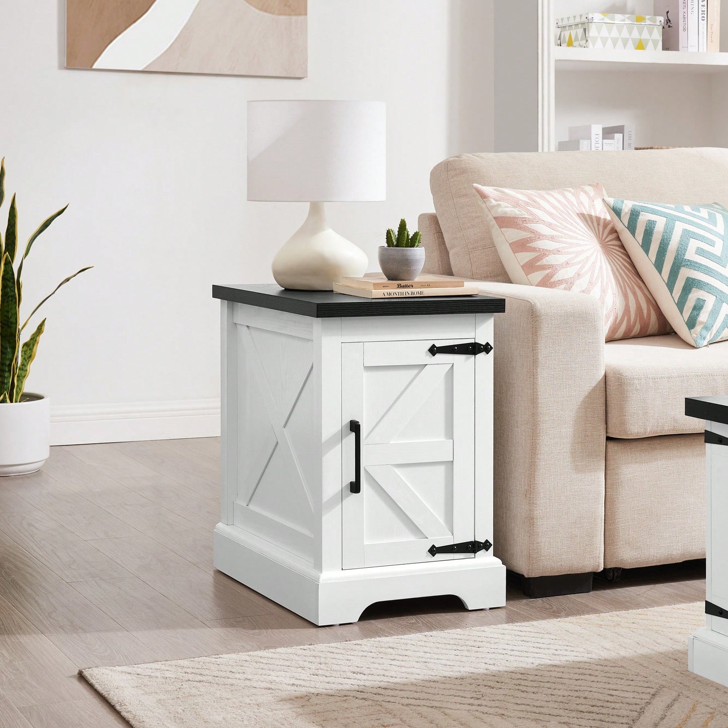 Farmhouse Style Rustic Rectangular Nightstand with Barn Door and Adjustable Shelf White Finish for Living Room and Bedroom