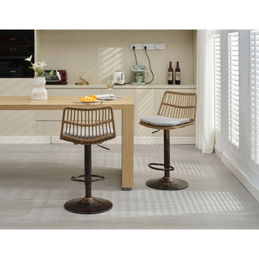 Set Of 2 Swivel Rattan Bar Stools - Stylish Counter Height Chairs With Footrest For Kitchen And Dining Room