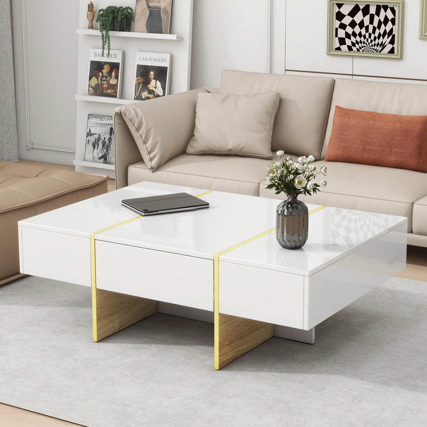 Elegant White High Gloss Coffee Table with Drawers and Gold Legs 47.2 x 31.4 Multi-Storage Center Table for Living Room