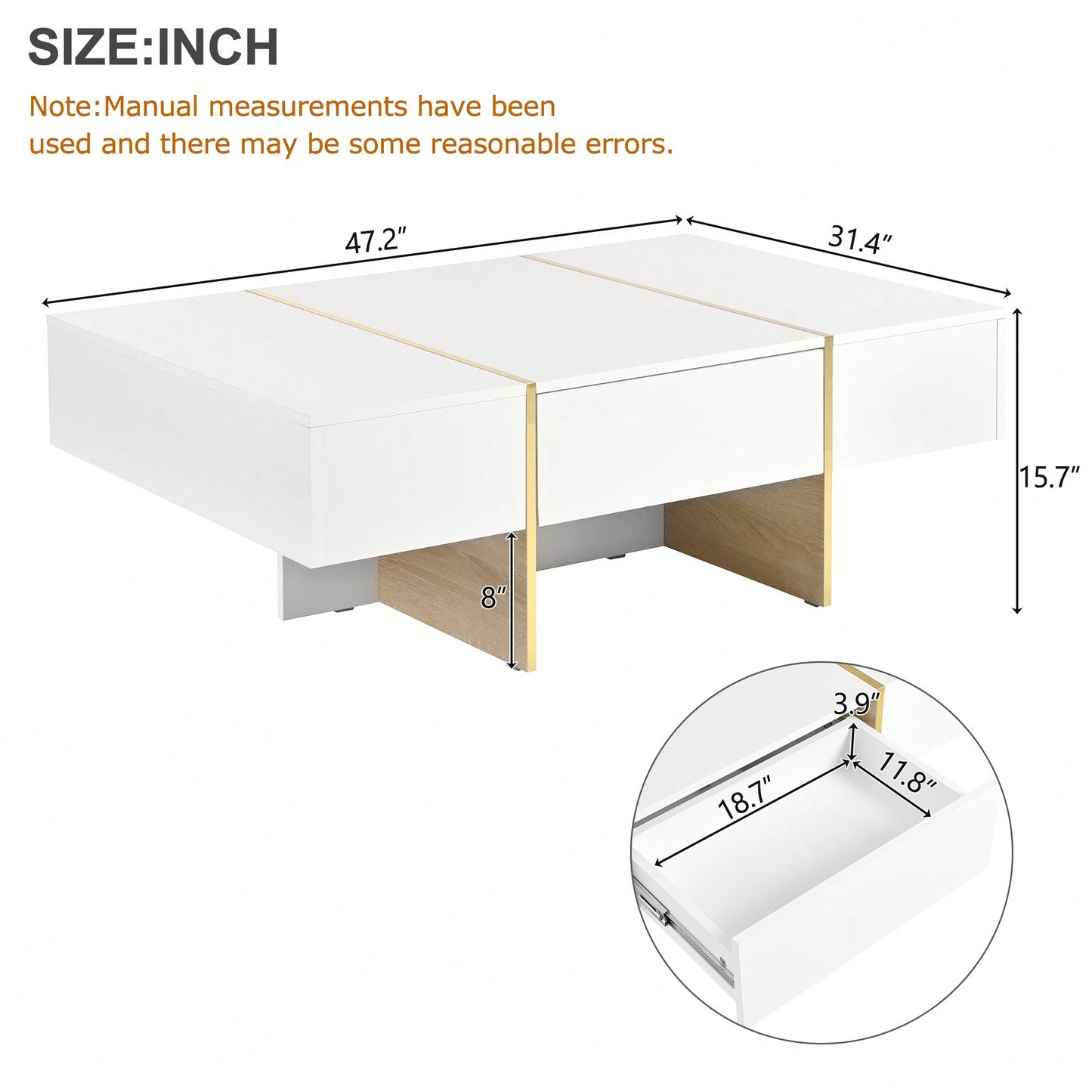 Elegant White High Gloss Coffee Table with Drawers and Gold Legs 47.2 x 31.4 Multi-Storage Center Table for Living Room