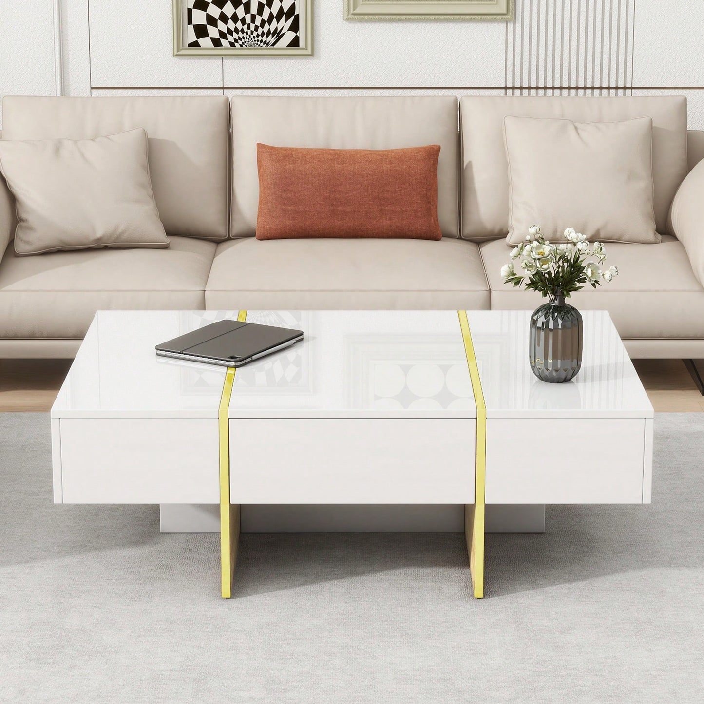 Elegant White High Gloss Coffee Table with Drawers and Gold Legs 47.2 x 31.4 Multi-Storage Center Table for Living Room