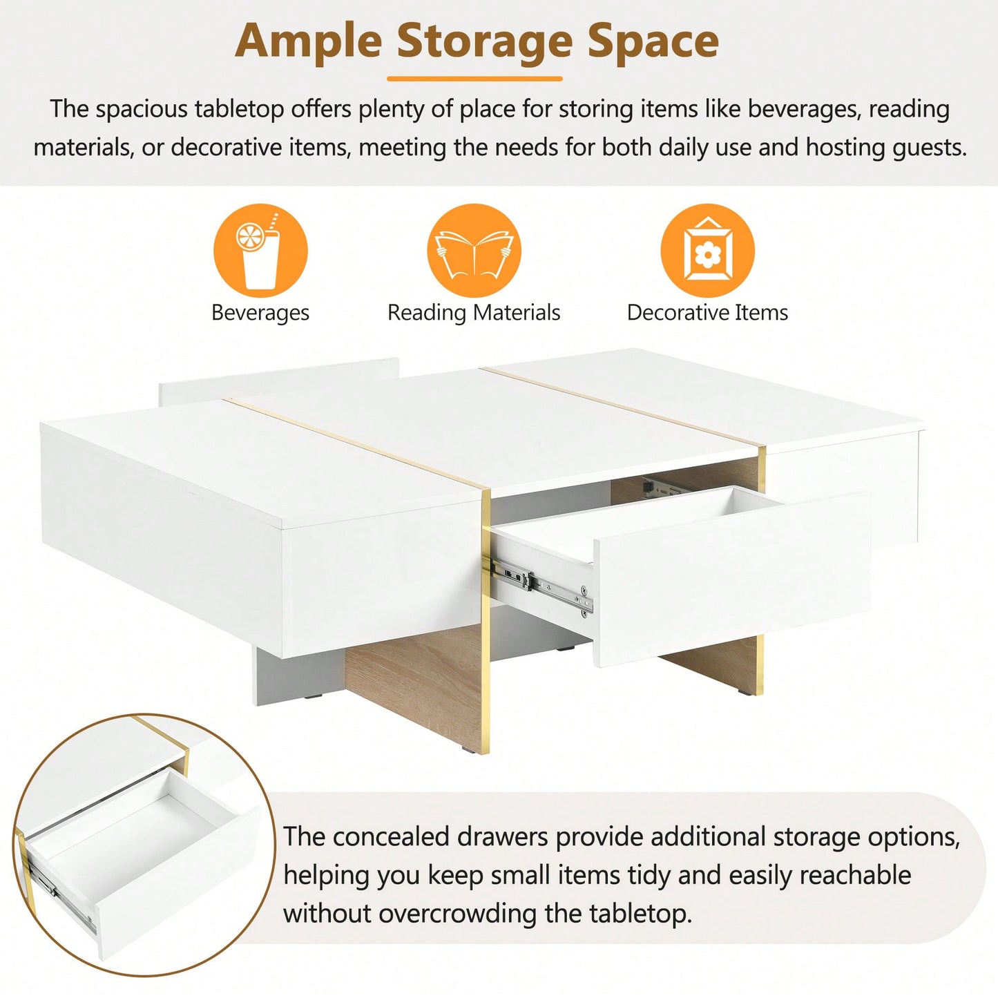 Elegant White High Gloss Coffee Table with Drawers and Gold Legs 47.2 x 31.4 Multi-Storage Center Table for Living Room