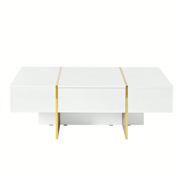 Elegant White High Gloss Coffee Table with Drawers and Gold Legs 47.2 x 31.4 Multi-Storage Center Table for Living Room