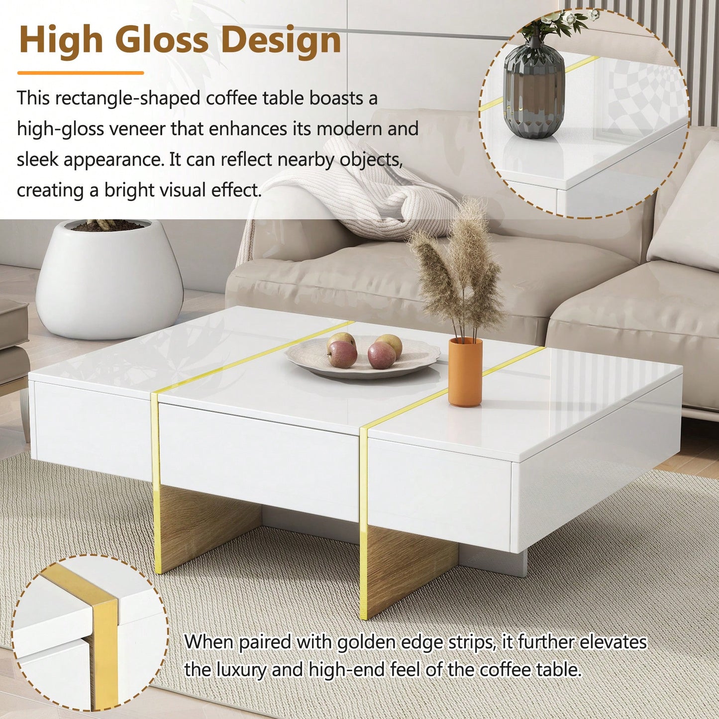 Elegant White High Gloss Coffee Table with Drawers and Gold Legs 47.2 x 31.4 Multi-Storage Center Table for Living Room