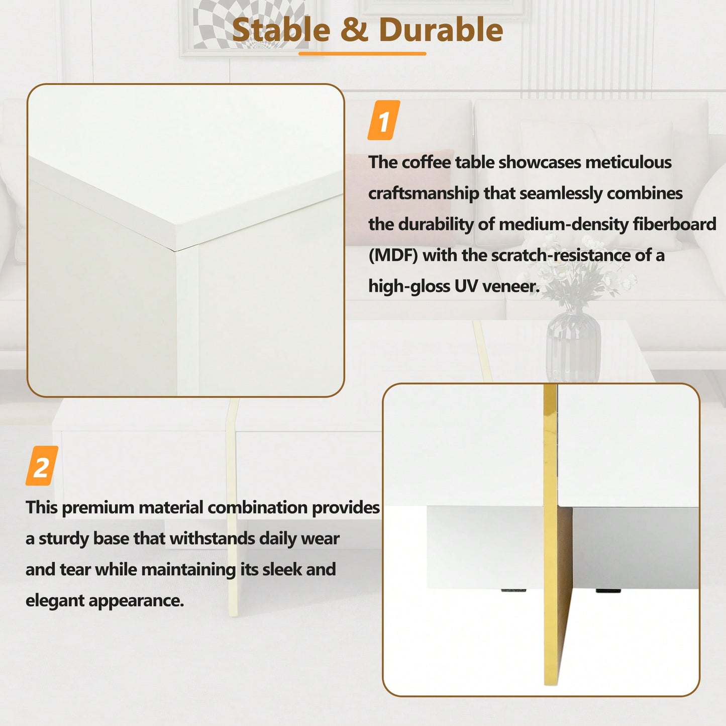 Elegant White High Gloss Coffee Table with Drawers and Gold Legs 47.2 x 31.4 Multi-Storage Center Table for Living Room