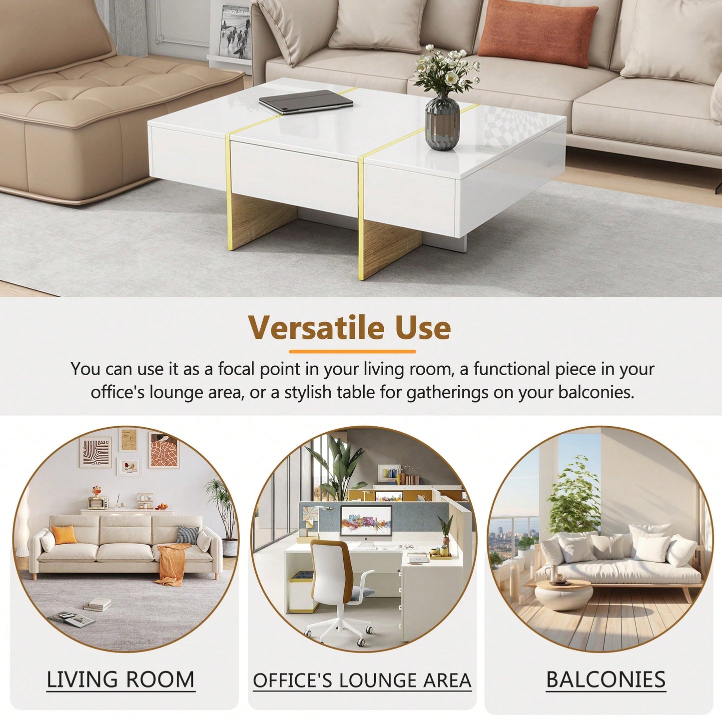 Elegant White High Gloss Coffee Table with Drawers and Gold Legs 47.2 x 31.4 Multi-Storage Center Table for Living Room