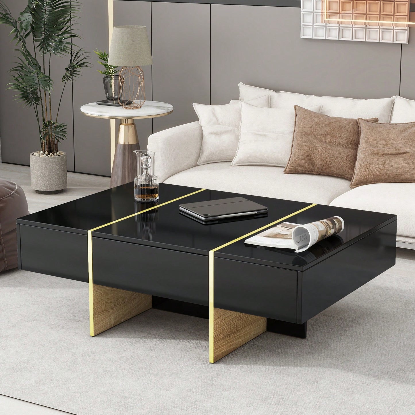 Elegant White High Gloss Coffee Table with Drawers and Gold Legs 47.2 x 31.4 Multi-Storage Center Table for Living Room