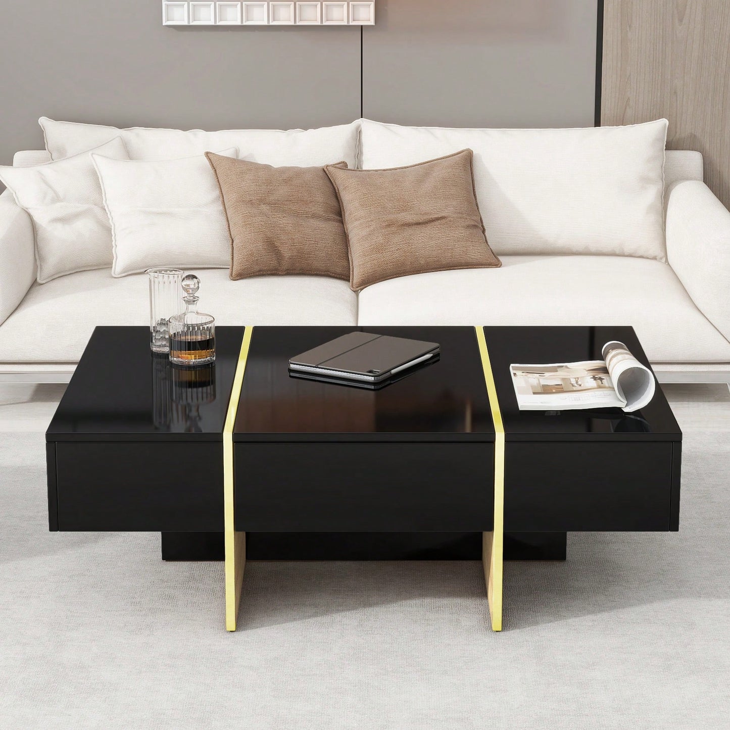 Elegant White High Gloss Coffee Table with Drawers and Gold Legs 47.2 x 31.4 Multi-Storage Center Table for Living Room