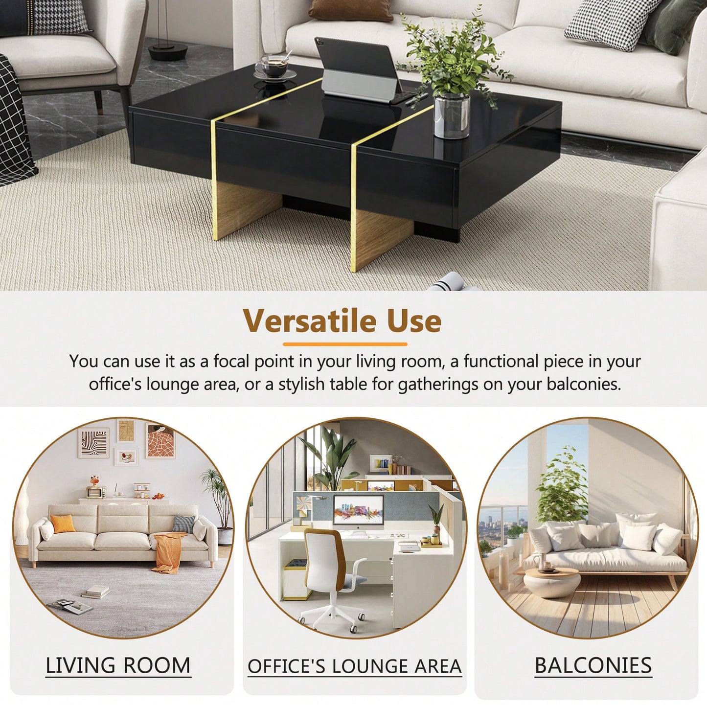 Elegant White High Gloss Coffee Table with Drawers and Gold Legs 47.2 x 31.4 Multi-Storage Center Table for Living Room