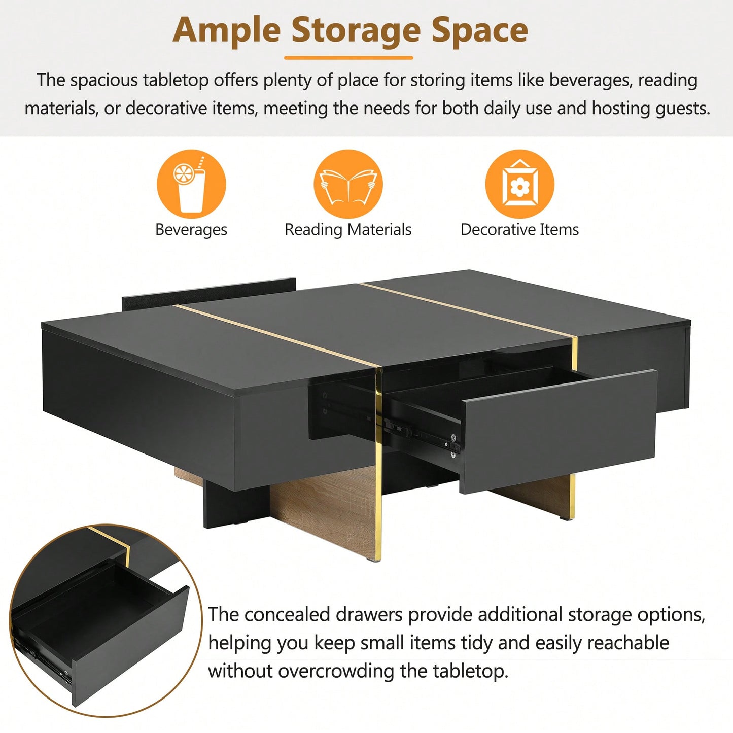 Elegant White High Gloss Coffee Table with Drawers and Gold Legs 47.2 x 31.4 Multi-Storage Center Table for Living Room