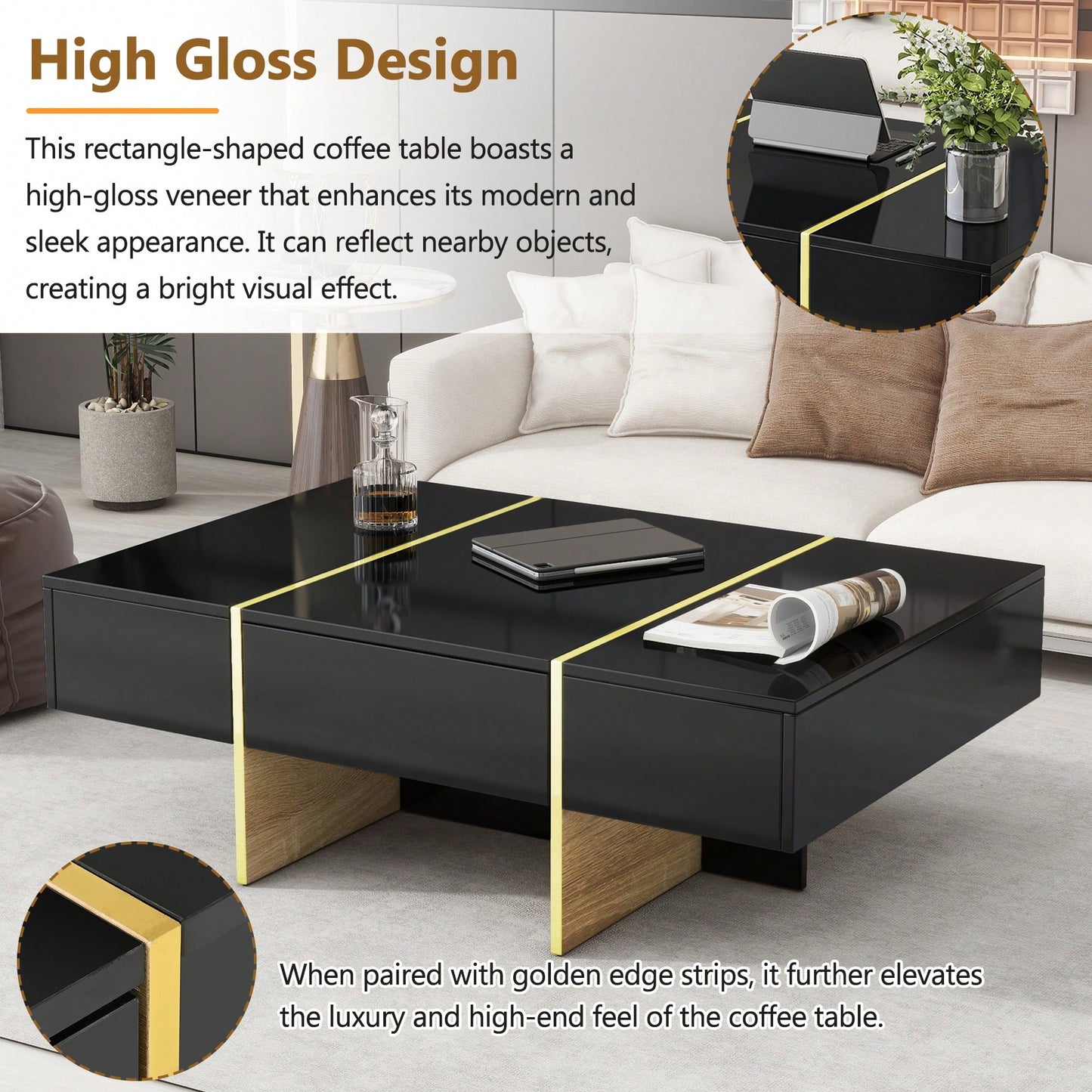 Elegant White High Gloss Coffee Table with Drawers and Gold Legs 47.2 x 31.4 Multi-Storage Center Table for Living Room