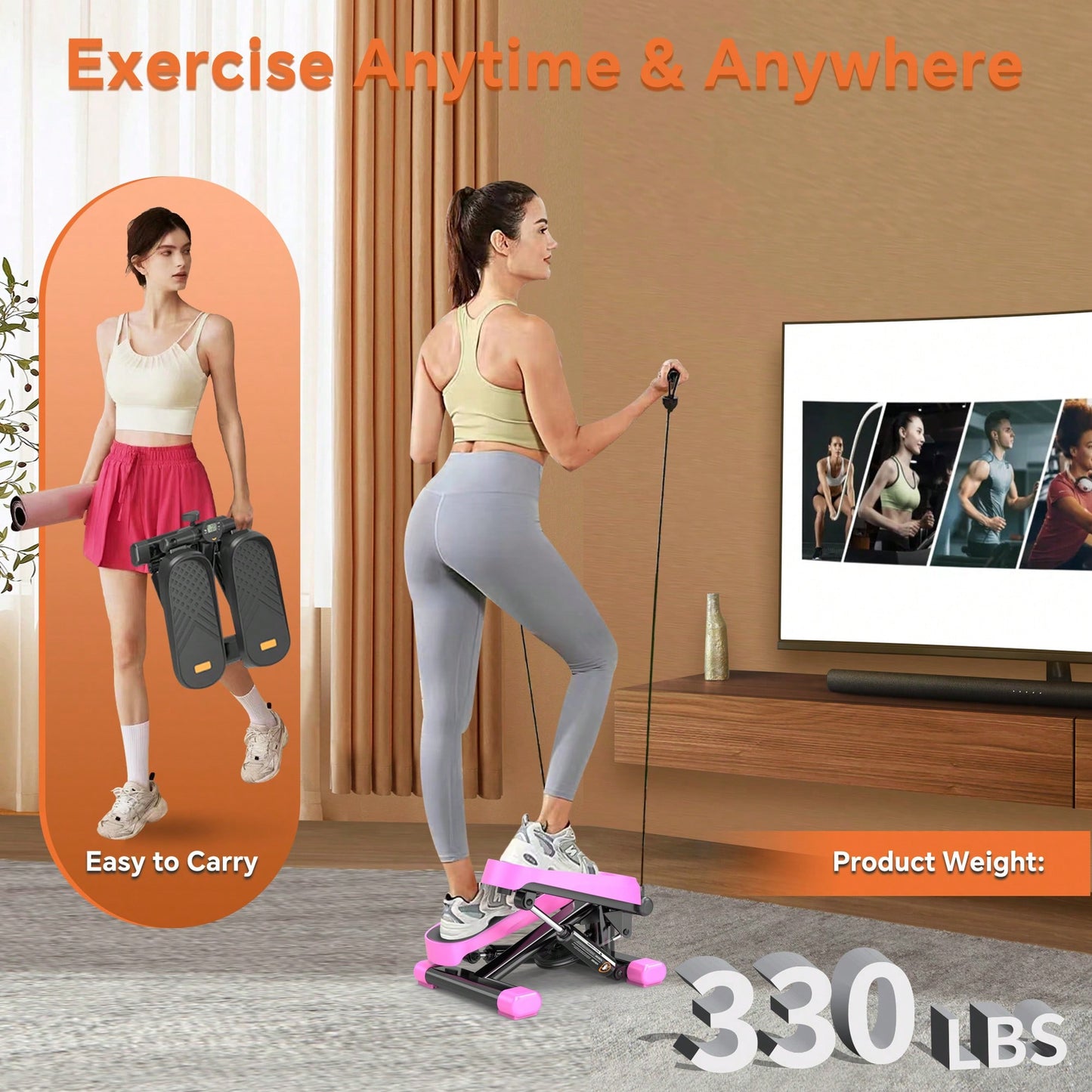 High-Capacity Mini Stepper For Home Office Workouts With Resistance Bands And LCD Monitor - Supports 330LBS