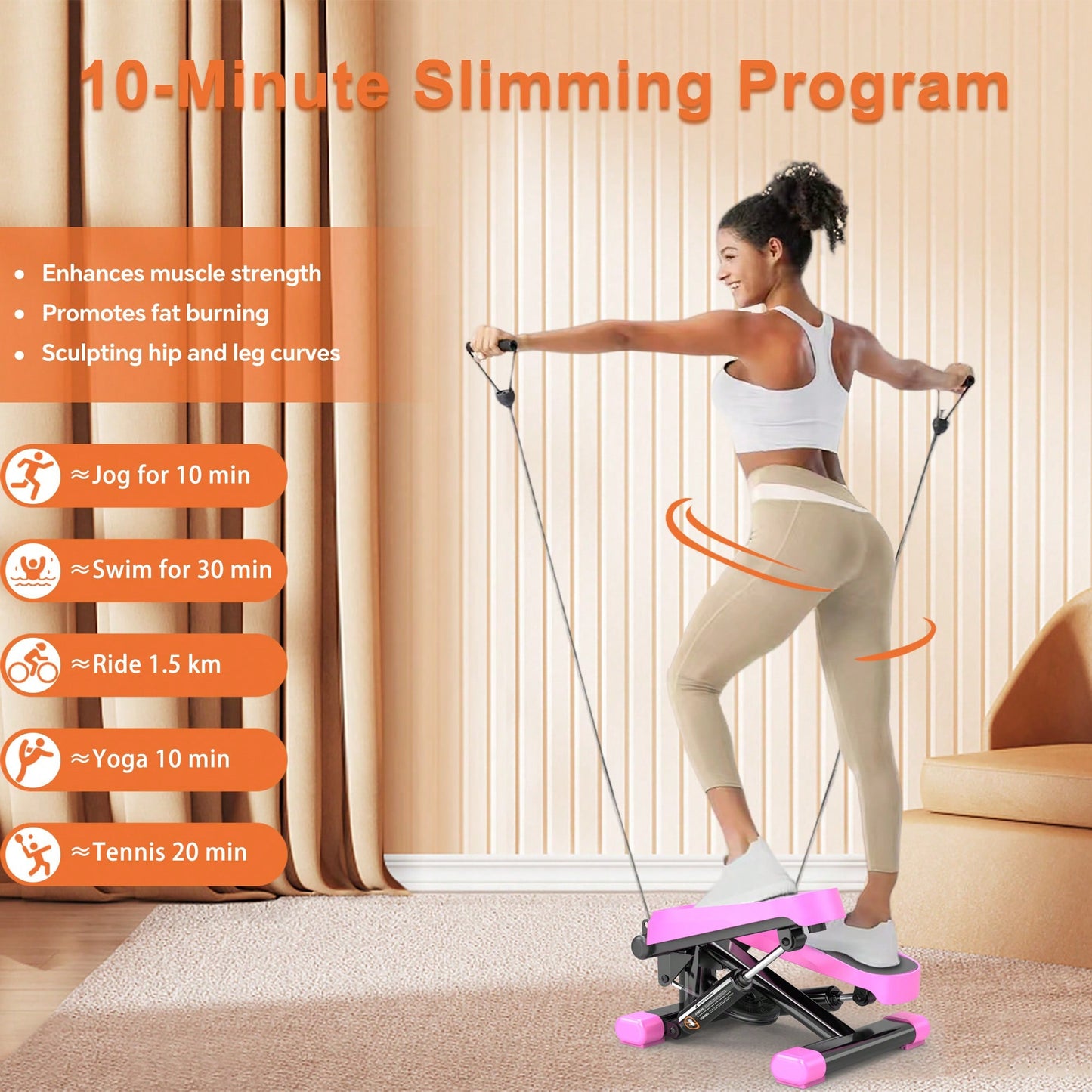 High-Capacity Mini Stepper For Home Office Workouts With Resistance Bands And LCD Monitor - Supports 330LBS