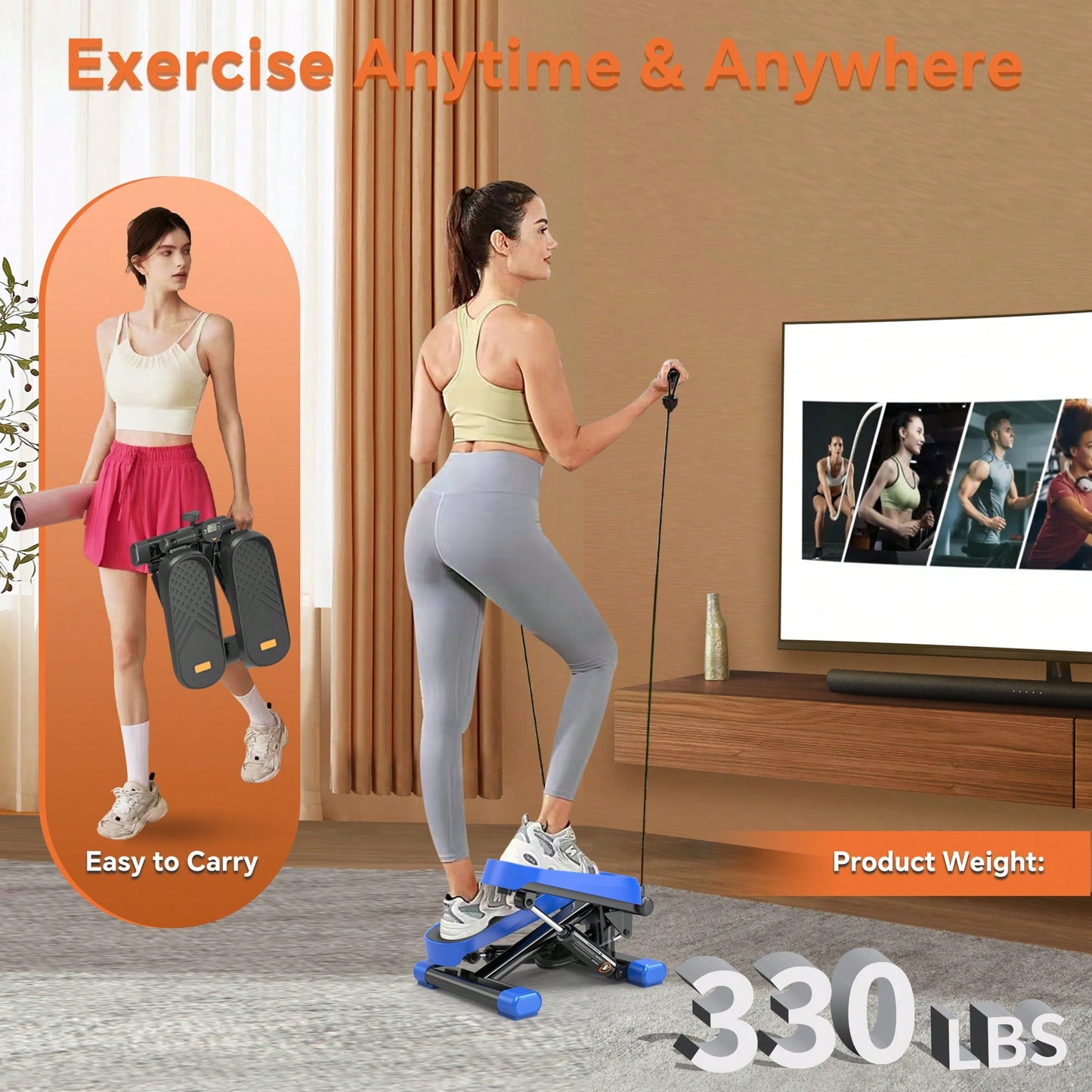 High-Capacity Mini Stepper For Home Office Workouts With Resistance Bands And LCD Monitor - Supports 330LBS