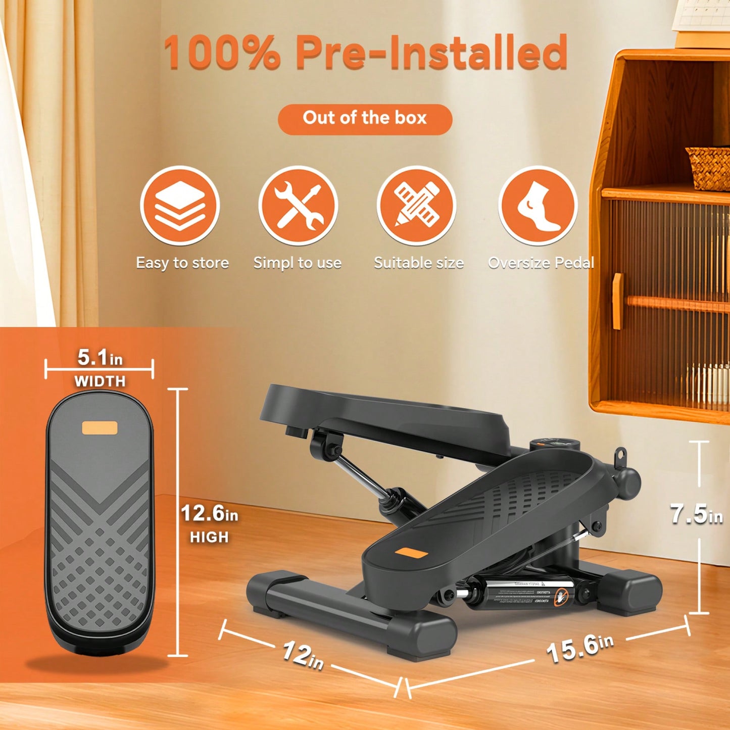 High-Capacity Mini Stepper For Home Office Workouts With Resistance Bands And LCD Monitor - Supports 330LBS