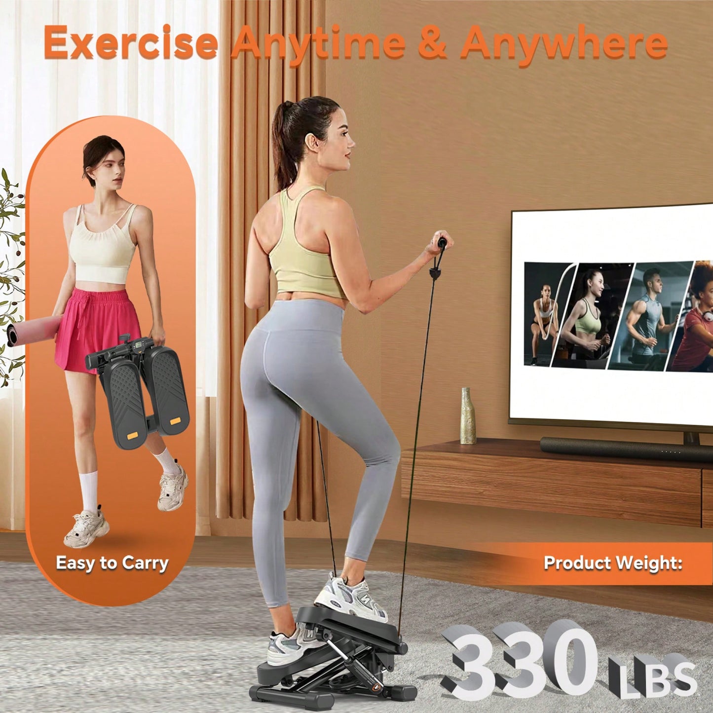 High-Capacity Mini Stepper For Home Office Workouts With Resistance Bands And LCD Monitor - Supports 330LBS