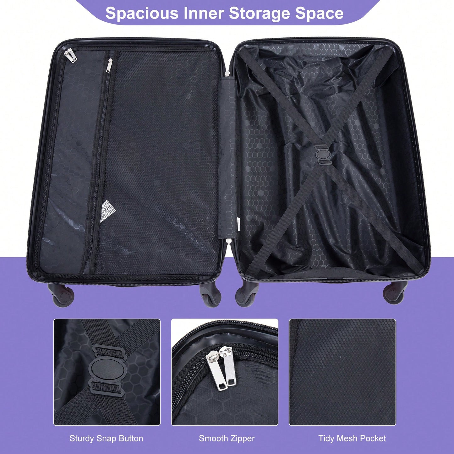 4-Piece Lightweight Hard Shell Luggage Set With Spinner Wheels, TSA Lock, 16/20/24/28 Inch - Sleek Black Travel Case