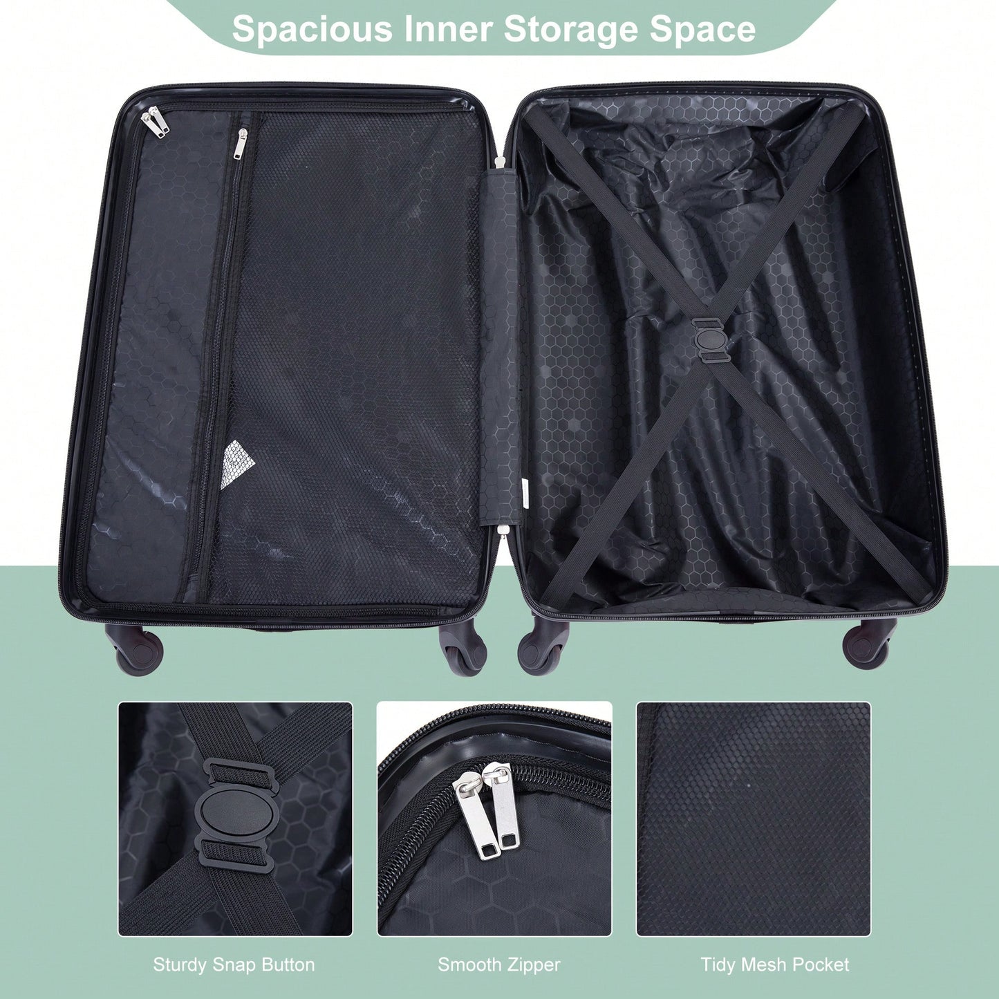 4-Piece Lightweight Hard Shell Luggage Set With Spinner Wheels, TSA Lock, 16/20/24/28 Inch - Sleek Black Travel Case