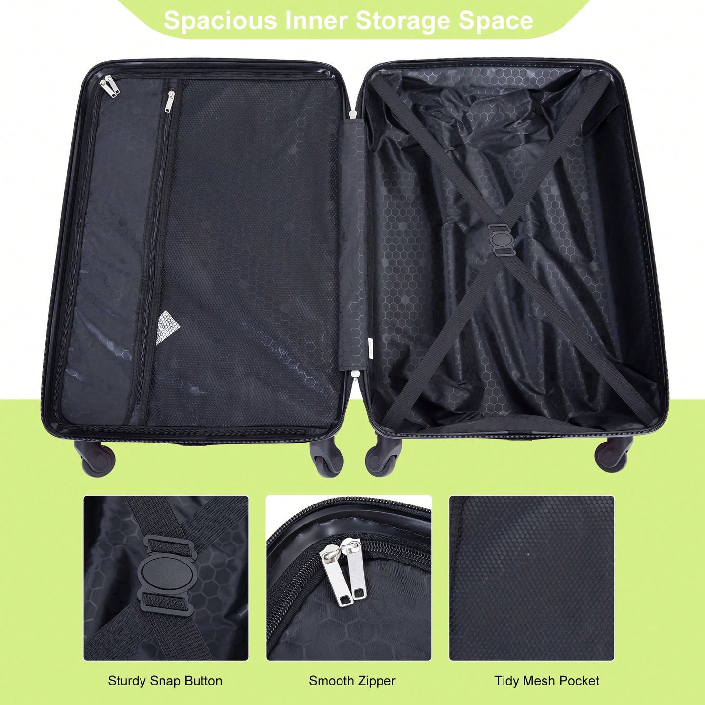 4-Piece Lightweight Hard Shell Luggage Set With Spinner Wheels, TSA Lock, 16/20/24/28 Inch - Sleek Black Travel Case