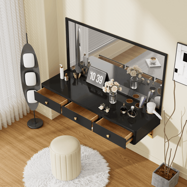 Elegant 47 Inch Wall-Mounted Floating Shelf with Drawer for Bedroom Bathroom and Salon in Black and Gold