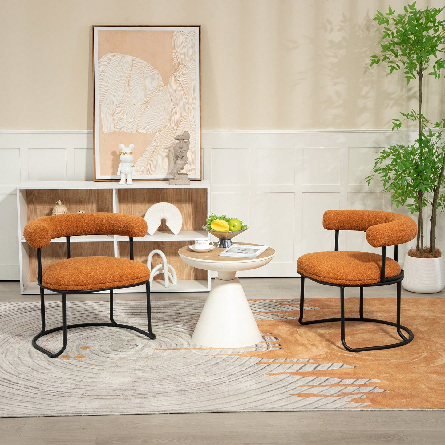 Set Of 2 Mid-Century Modern Curved Back Dining Chairs With Orange Boucle Upholstery, Stylish Round Backrest Kitchen Seating