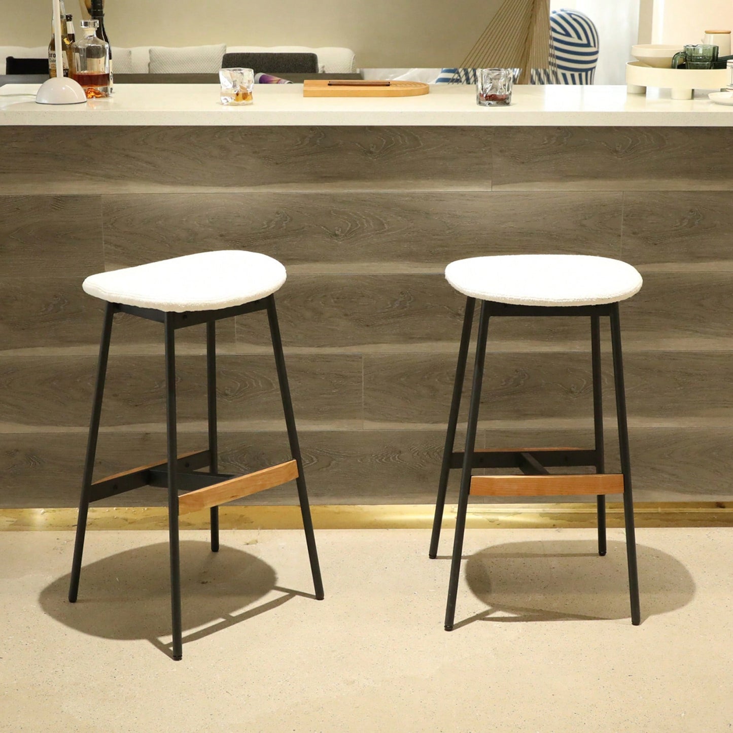 Elegant Set Of 2 Backless Bar Stools - Comfortable Soft Fabric Upholstered Counter And Bar Height Chairs For Kitchen And Dining Room
