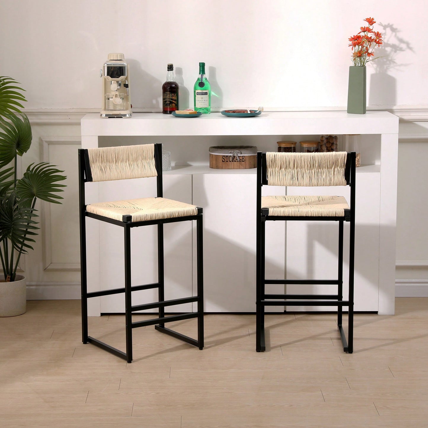 Handcrafted Creamy White Woven Paper Rope Bar Stools Set of 2 with Footrest for Kitchen Island and Dining Room
