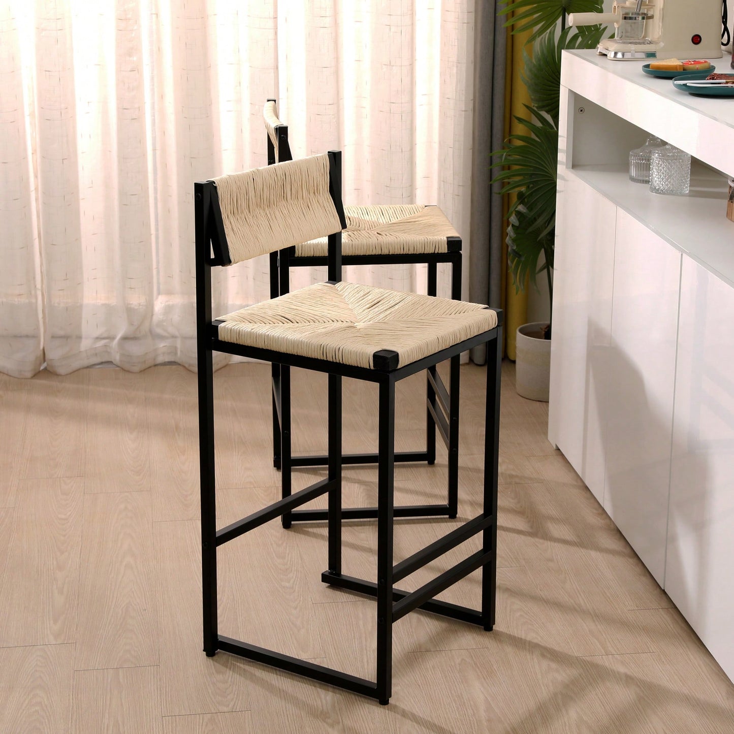 Handcrafted Creamy White Woven Paper Rope Bar Stools Set of 2 with Footrest for Kitchen Island and Dining Room