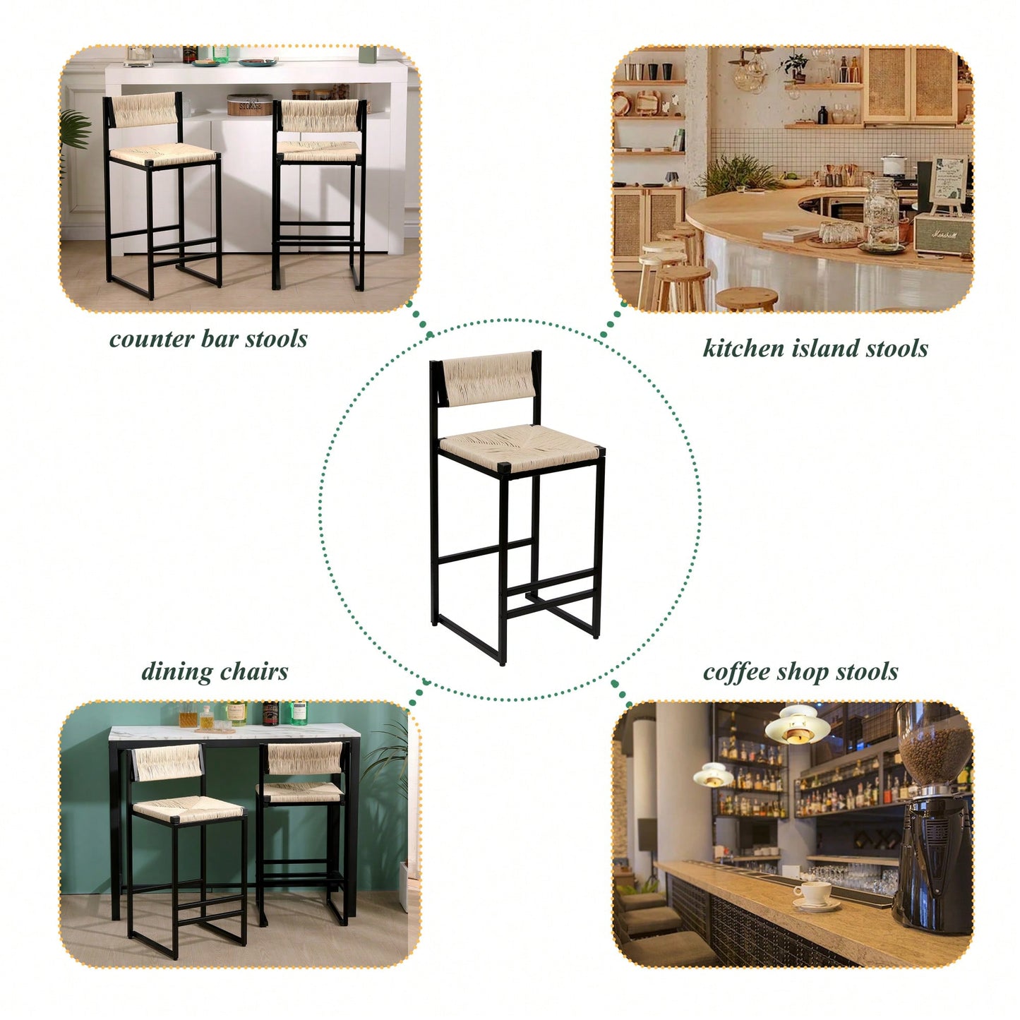 Handcrafted Creamy White Woven Paper Rope Bar Stools Set of 2 with Footrest for Kitchen Island and Dining Room
